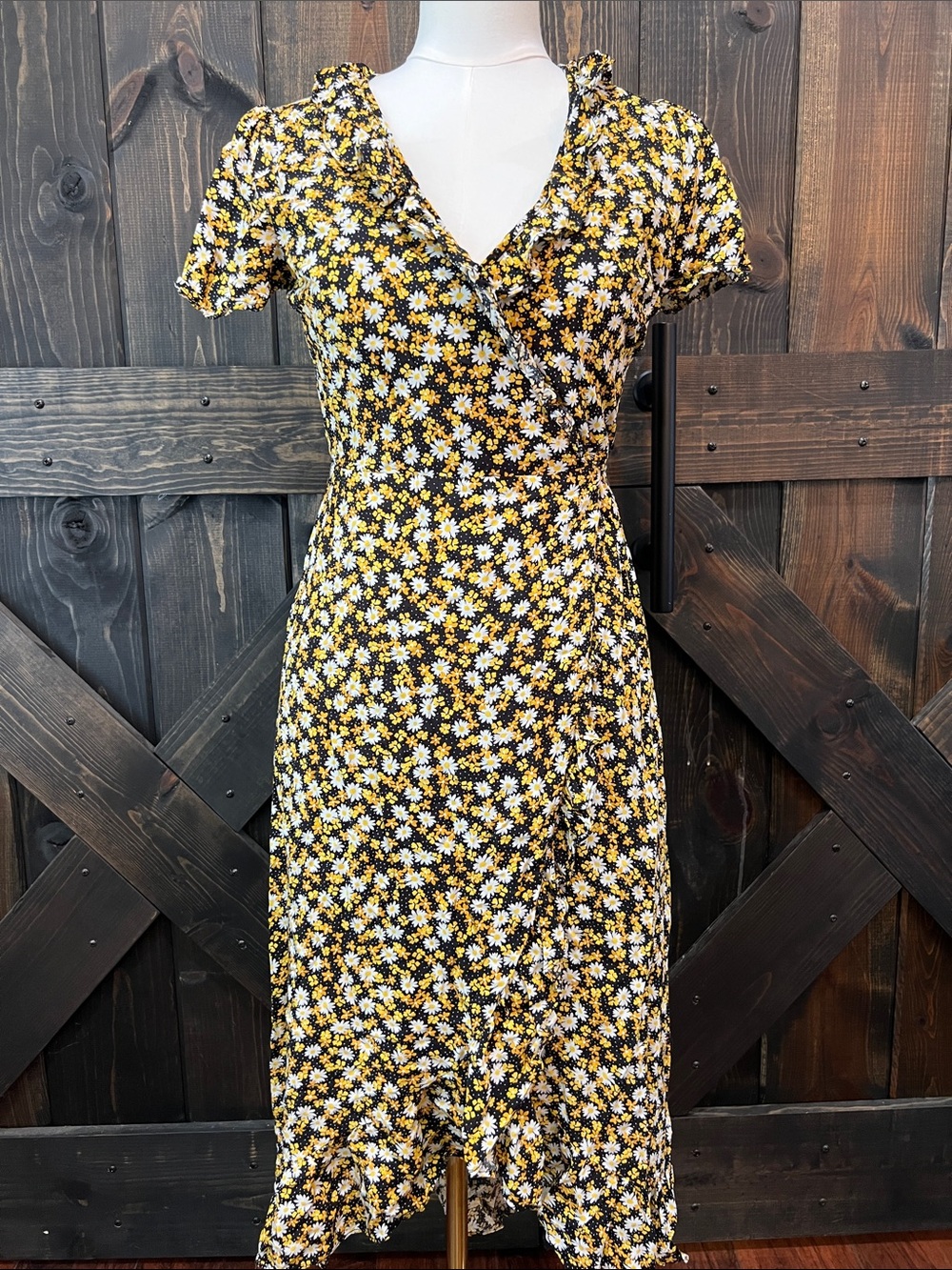 Anthropologie Lost + Wander Floral Wrap Midi Dress S Black Multi Boho Cottage